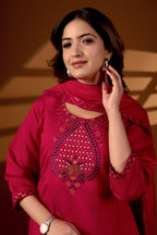 Premium Rani Pink Roman Silk Mayura Darpan Embroidered Kurta Set with Dupatta for Women | Festive & Office Wear