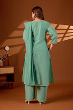 Premium Pista Green Roman Silk Mayura Darpan Embroidered Kurta Set with Dupatta for Women | Festive & Office Wear
