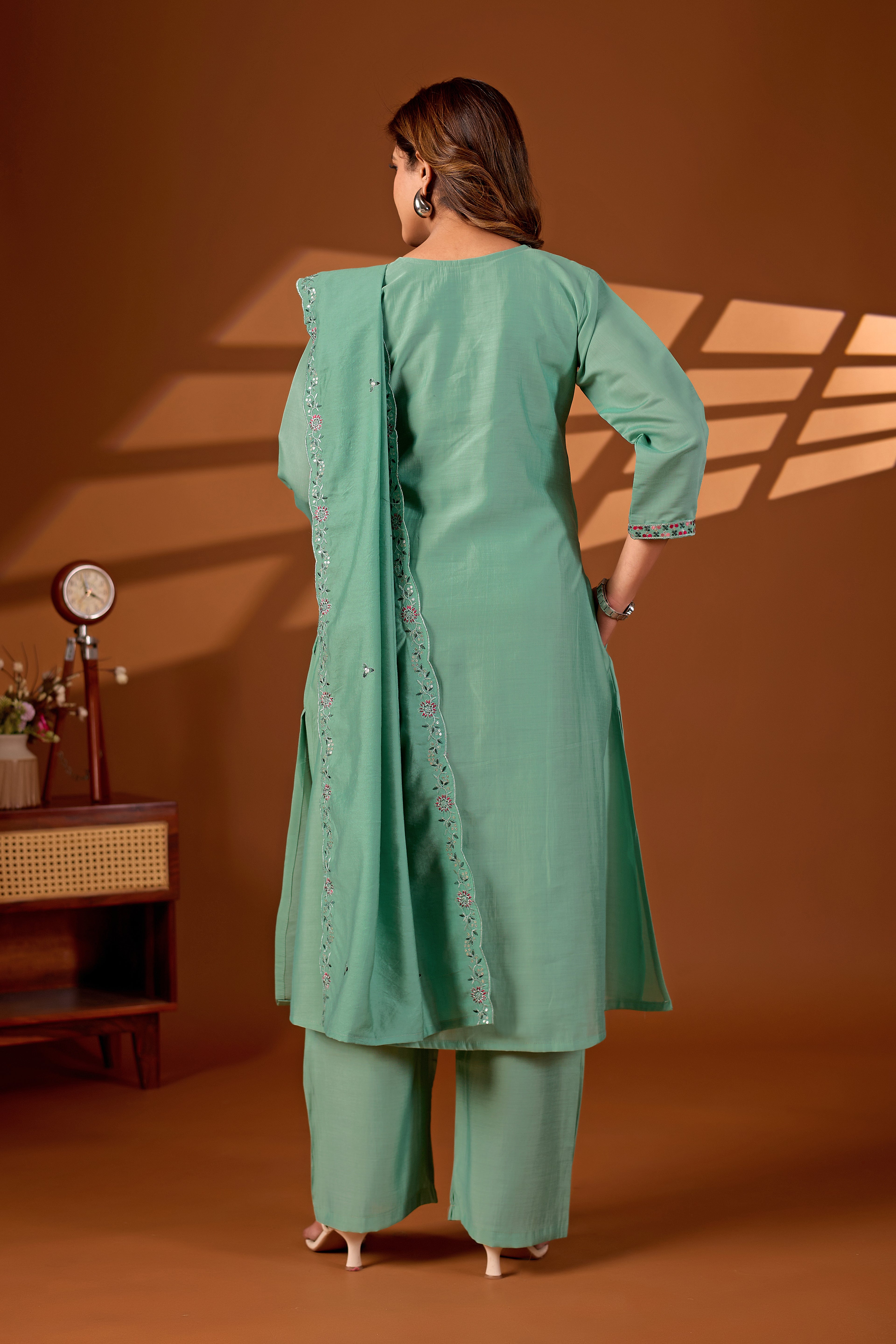 Premium Pista Green Roman Silk Mayura Darpan Embroidered Kurta Set with Dupatta for Women | Festive & Office Wear