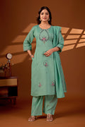 Premium Pista Green Roman Silk Mayura Darpan Embroidered Kurta Set with Dupatta for Women | Festive & Office Wear