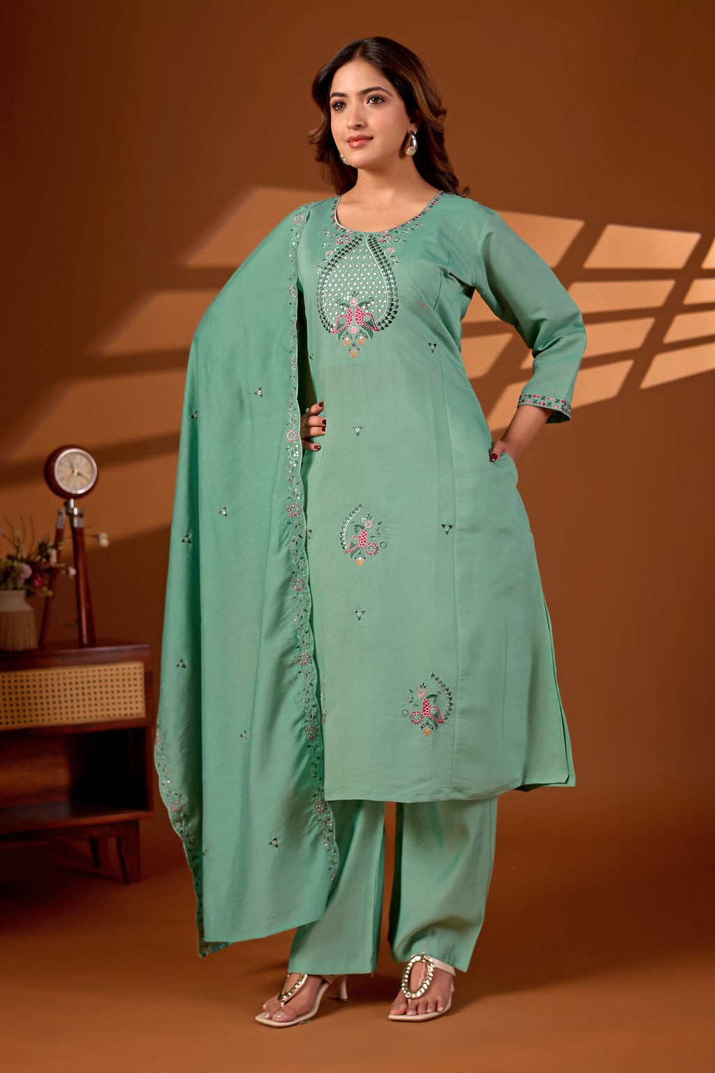 Premium Pista Green Roman Silk Mayura Darpan Embroidered Kurta Set with Dupatta for Women | Festive & Office Wear