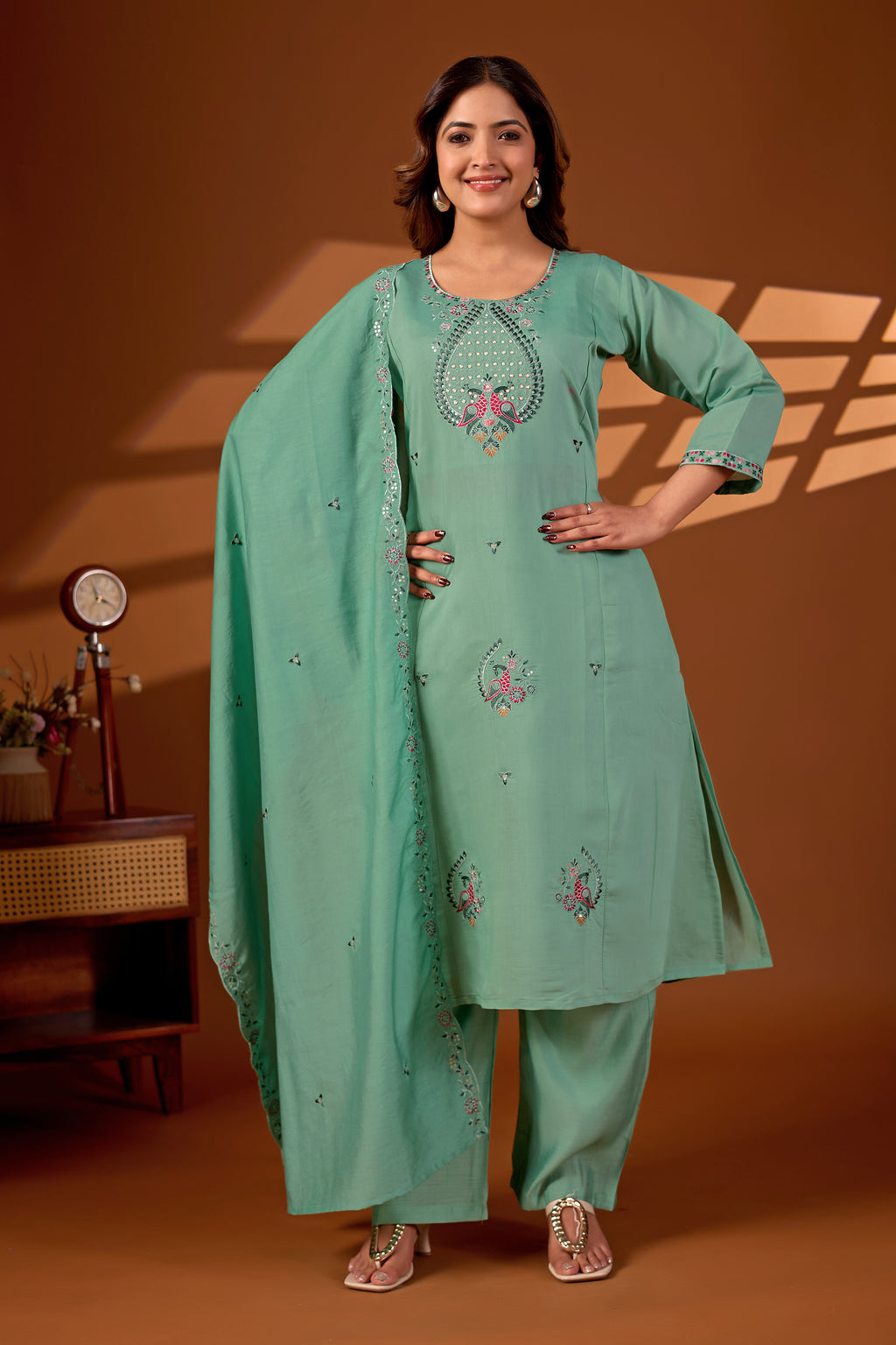 Premium Pista Green Roman Silk Mayura Darpan Embroidered Kurta Set with Dupatta for Women | Festive & Office Wear