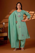 Premium Pista Green Roman Silk Mayura Darpan Embroidered Kurta Set with Dupatta for Women | Festive & Office Wear