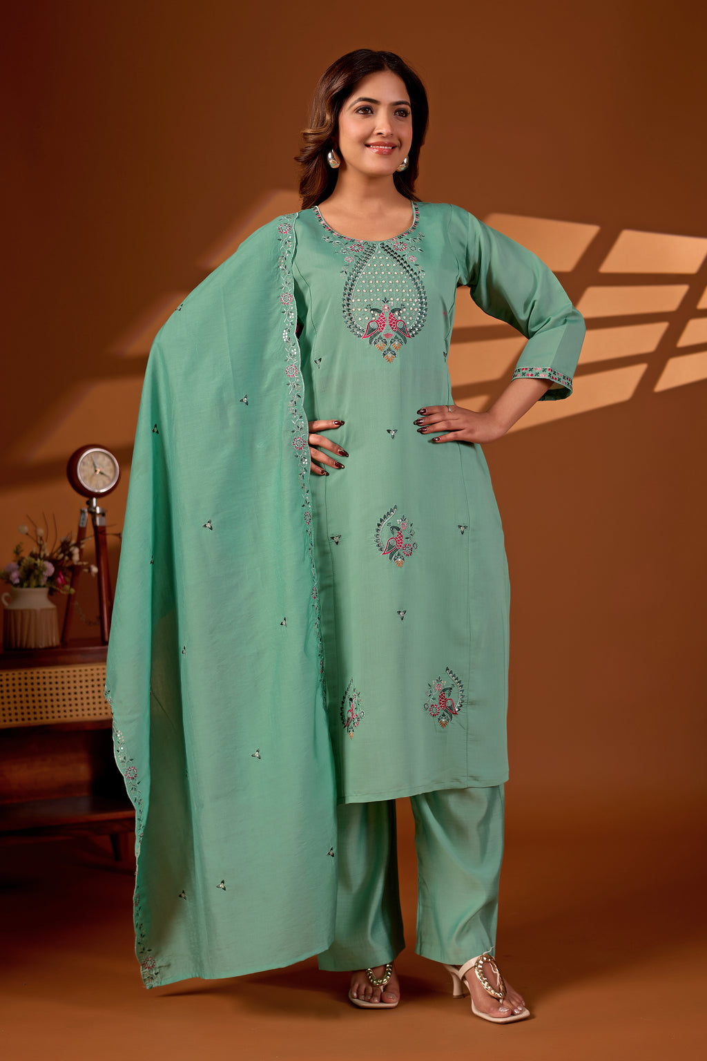 Premium Pista Green Roman Silk Mayura Darpan Embroidered Kurta Set with Dupatta for Women | Festive & Office Wear
