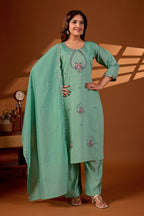Premium Pista Green Roman Silk Mayura Darpan Embroidered Kurta Set with Dupatta for Women | Festive & Office Wear