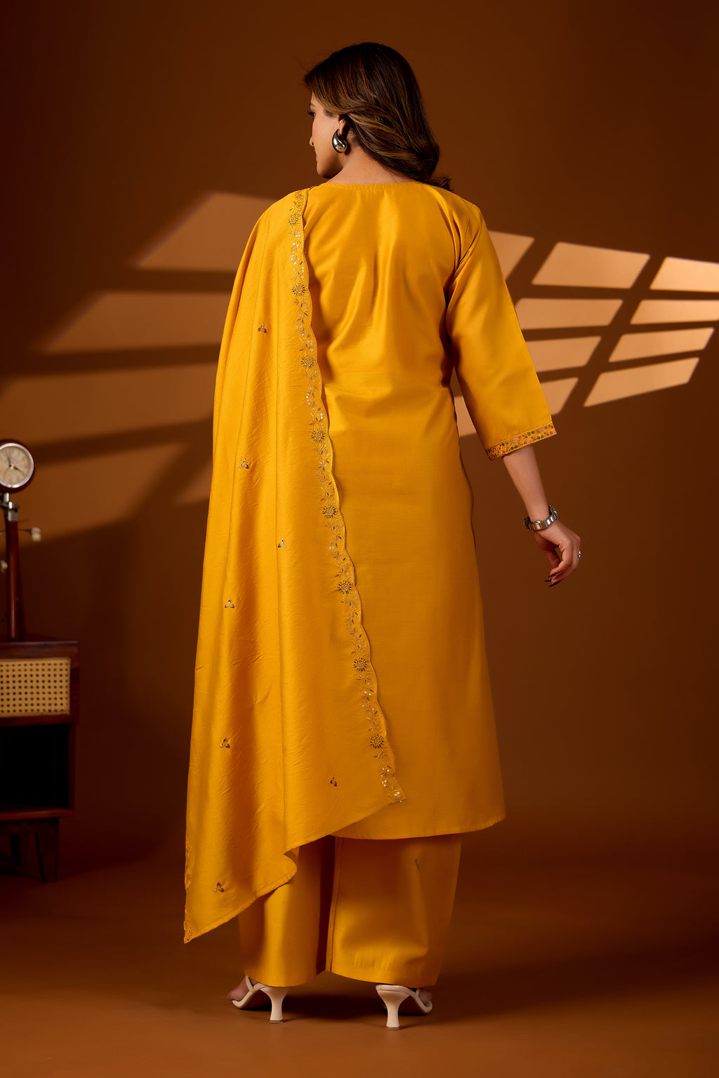 Premium Haldi Yellow Roman Silk Mayura Darpan Embroidered Kurta Set with Dupatta for Women | Festive & Office Wear