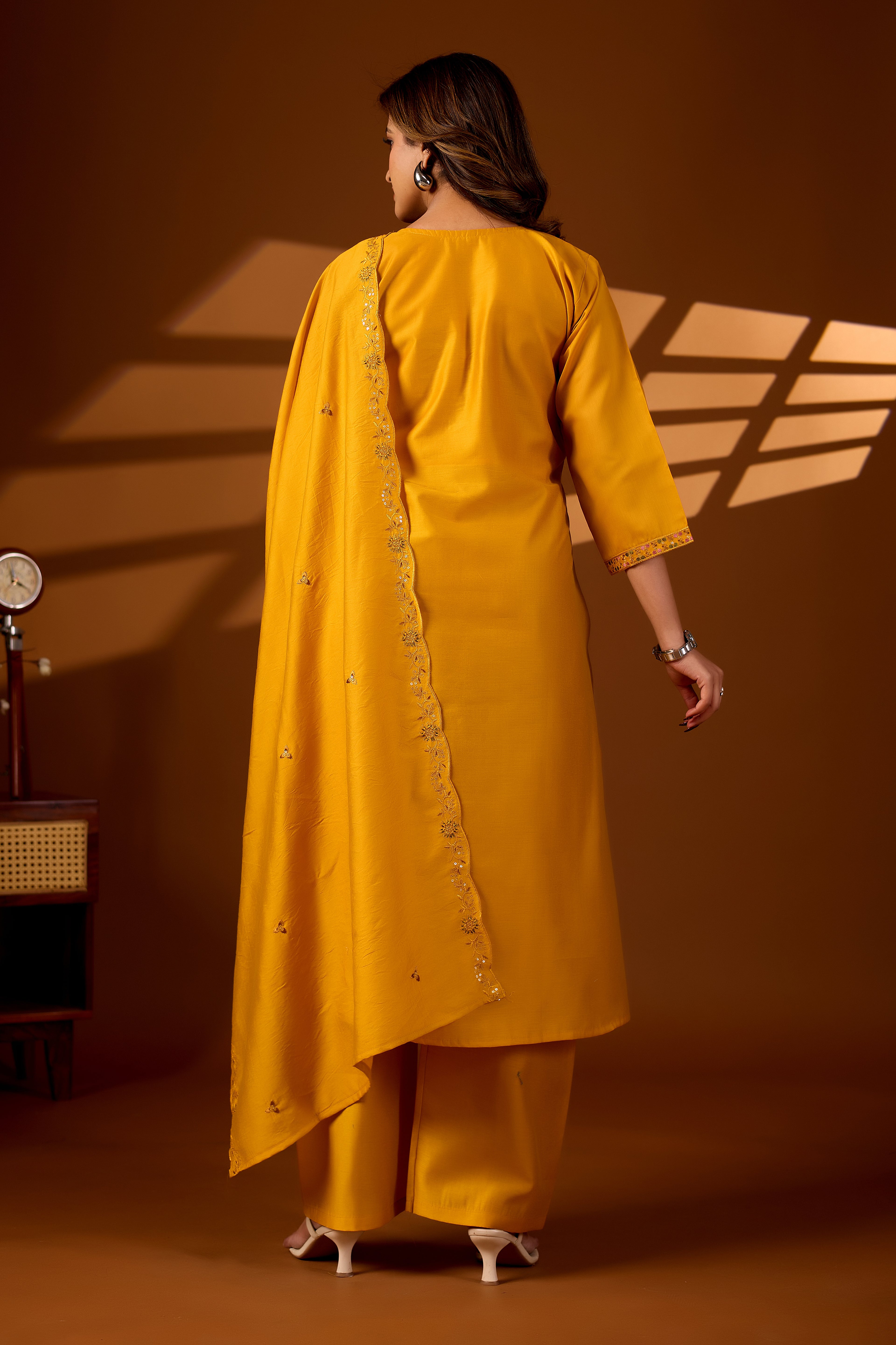 Premium Haldi Yellow Roman Silk Mayura Darpan Embroidered Kurta Set with Dupatta for Women | Festive & Office Wear