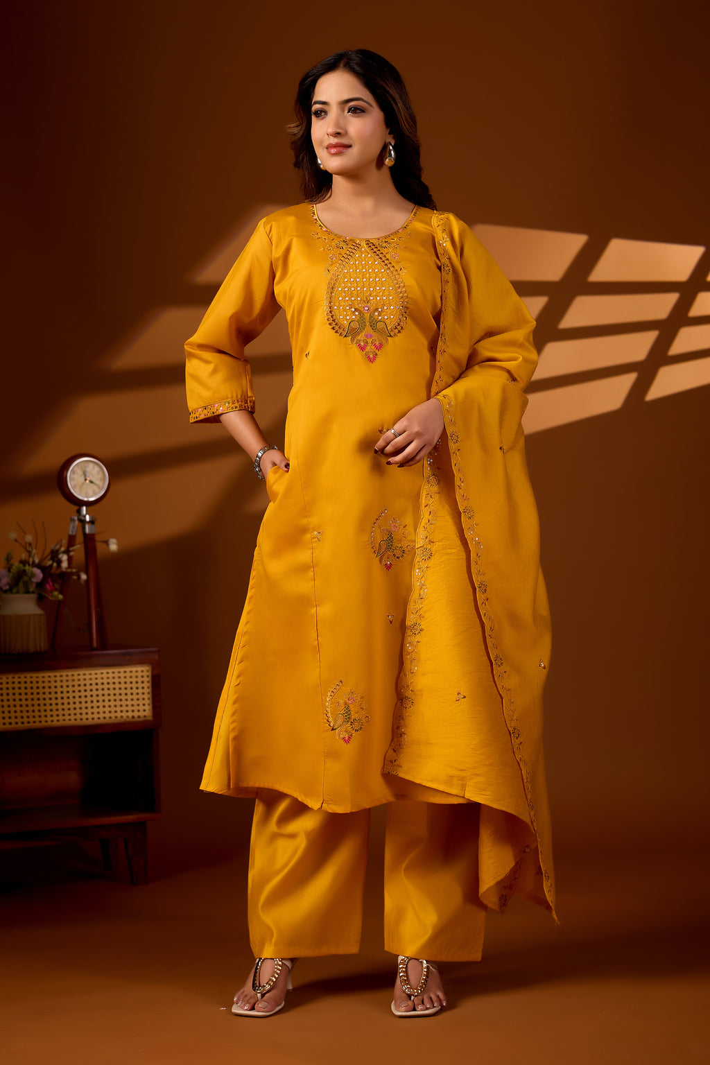 Premium Haldi Yellow Roman Silk Mayura Darpan Embroidered Kurta Set with Dupatta for Women | Festive & Office Wear