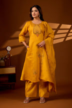 Premium Haldi Yellow Roman Silk Mayura Darpan Embroidered Kurta Set with Dupatta for Women | Festive & Office Wear