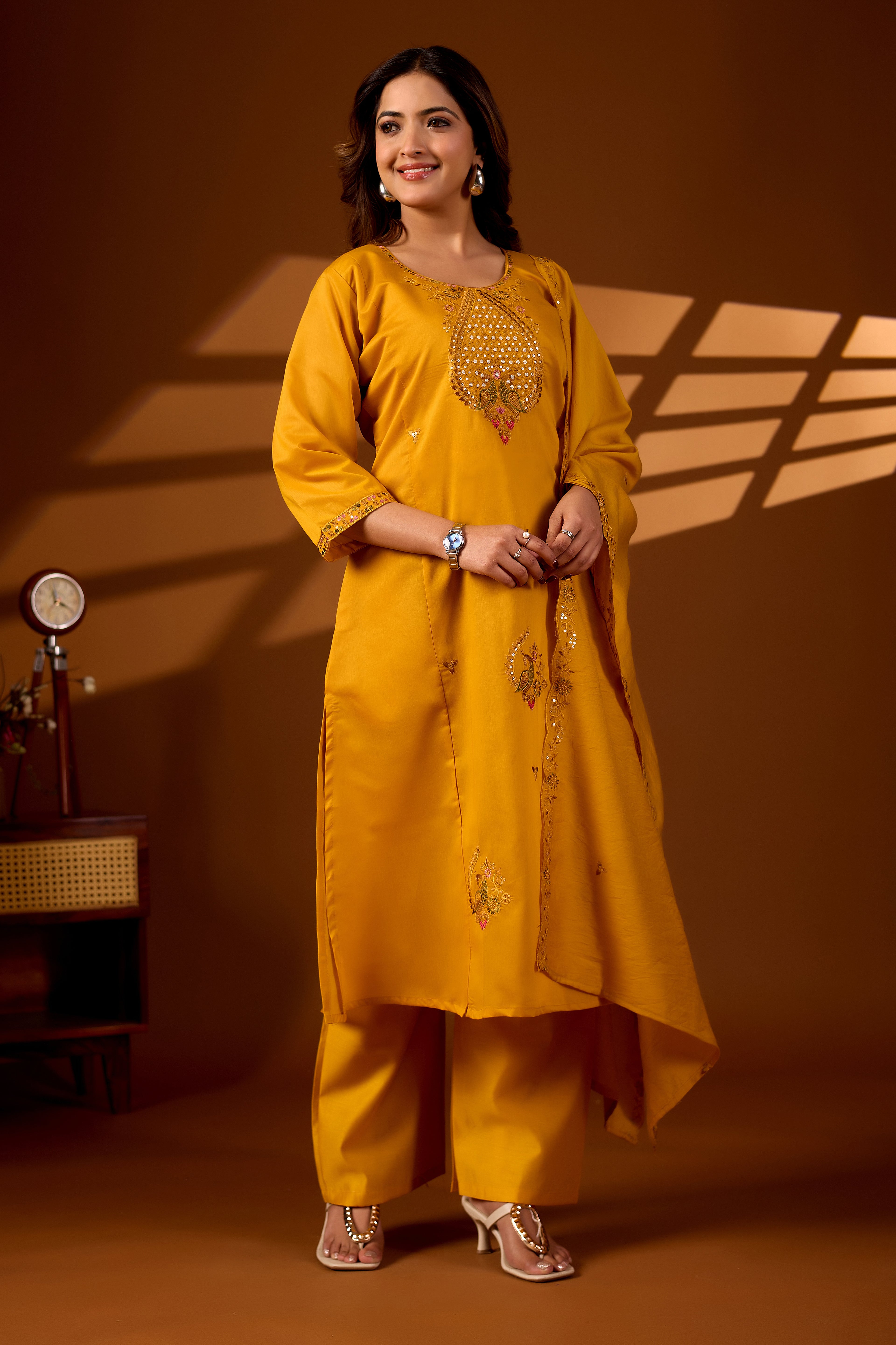 Premium Haldi Yellow Roman Silk Mayura Darpan Embroidered Kurta Set with Dupatta for Women | Festive & Office Wear
