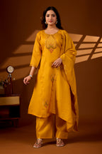 Premium Haldi Yellow Roman Silk Mayura Darpan Embroidered Kurta Set with Dupatta for Women | Festive & Office Wear