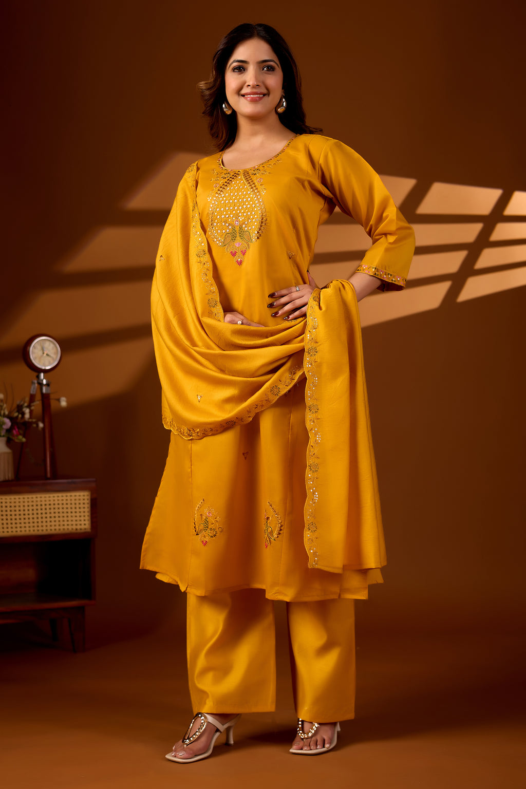 Premium Haldi Yellow Roman Silk Mayura Darpan Embroidered Kurta Set with Dupatta for Women | Festive & Office Wear