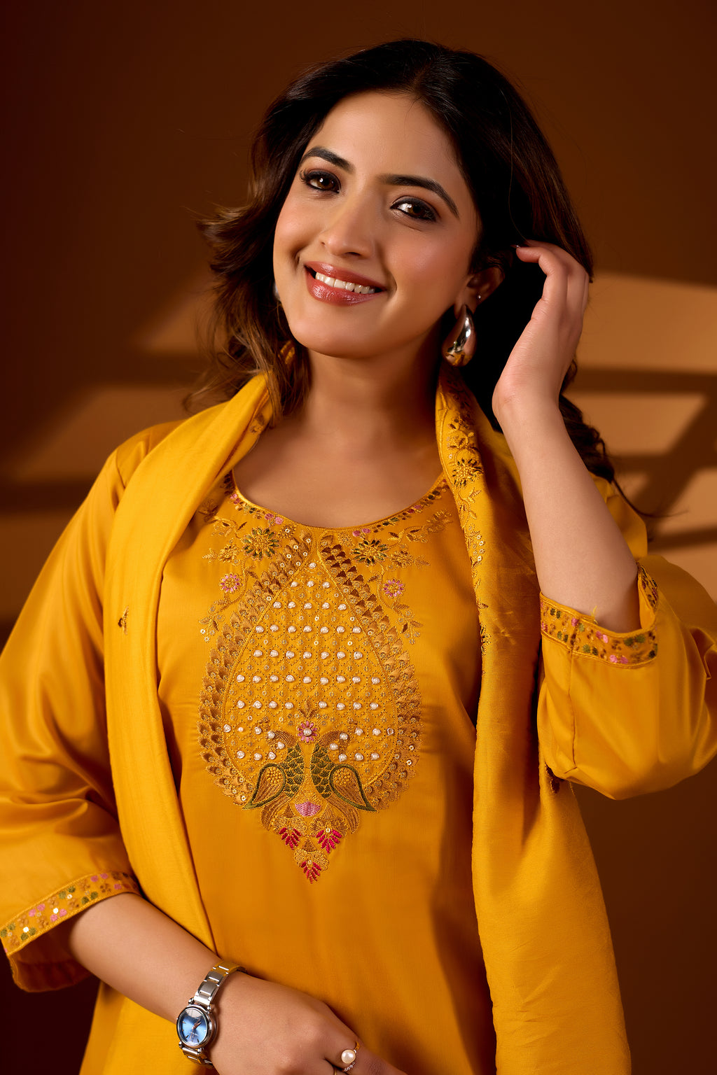 Premium Haldi Yellow Roman Silk Mayura Darpan Embroidered Kurta Set with Dupatta for Women | Festive & Office Wear