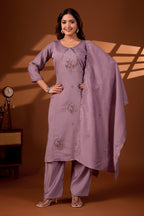 Premium Dusty Mauve Roman Silk Mayura Darpan Embroidered Kurta Set with Dupatta for Women | Festive & Office Wear