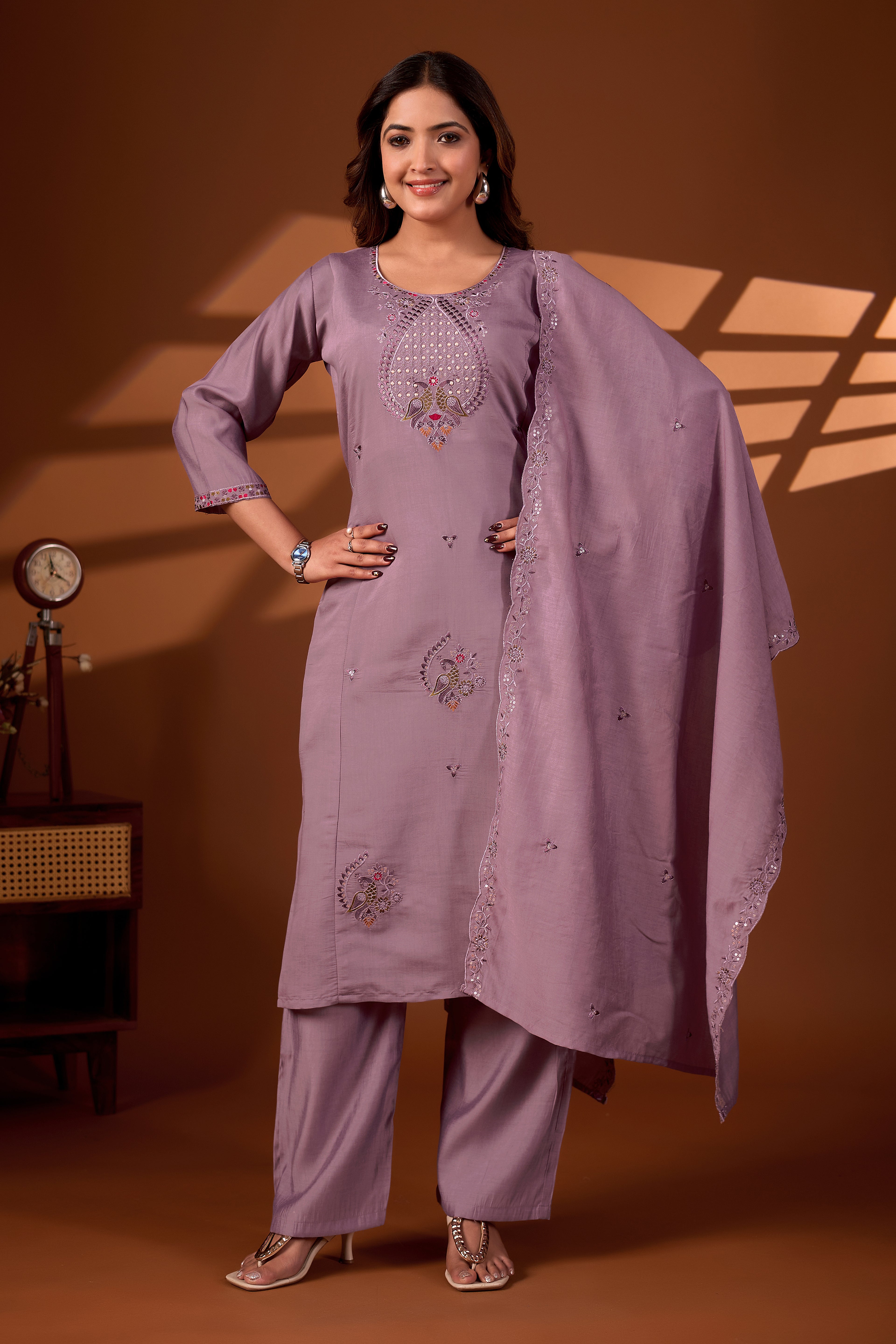 Premium Dusty Mauve Roman Silk Mayura Darpan Embroidered Kurta Set with Dupatta for Women | Festive & Office Wear