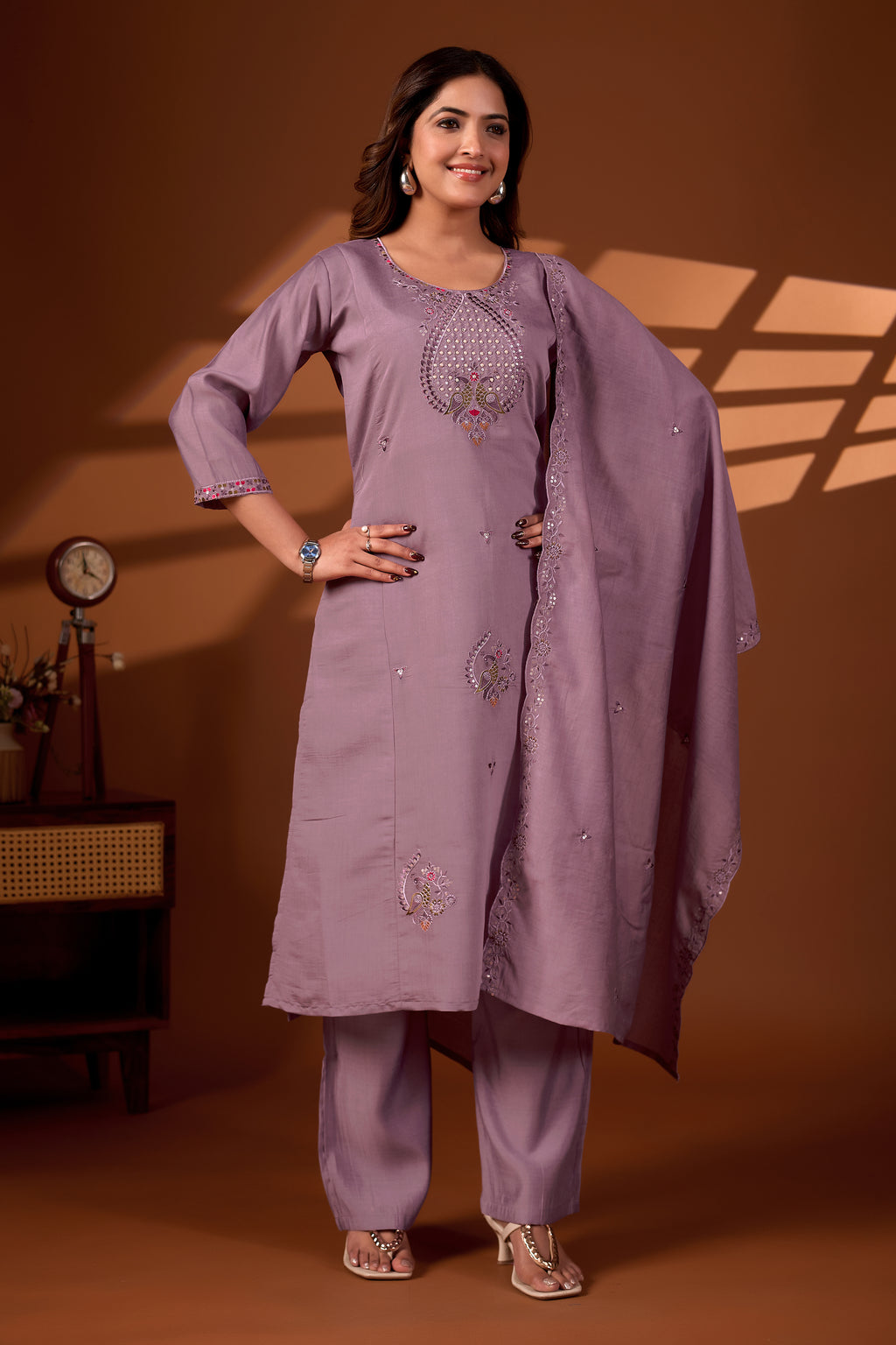 Premium Dusty Mauve Roman Silk Mayura Darpan Embroidered Kurta Set with Dupatta for Women | Festive & Office Wear