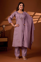 Premium Dusty Mauve Roman Silk Mayura Darpan Embroidered Kurta Set with Dupatta for Women | Festive & Office Wear