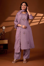 Premium Dusty Mauve Roman Silk Mayura Darpan Embroidered Kurta Set with Dupatta for Women | Festive & Office Wear