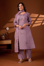 Premium Dusty Mauve Roman Silk Mayura Darpan Embroidered Kurta Set with Dupatta for Women | Festive & Office Wear