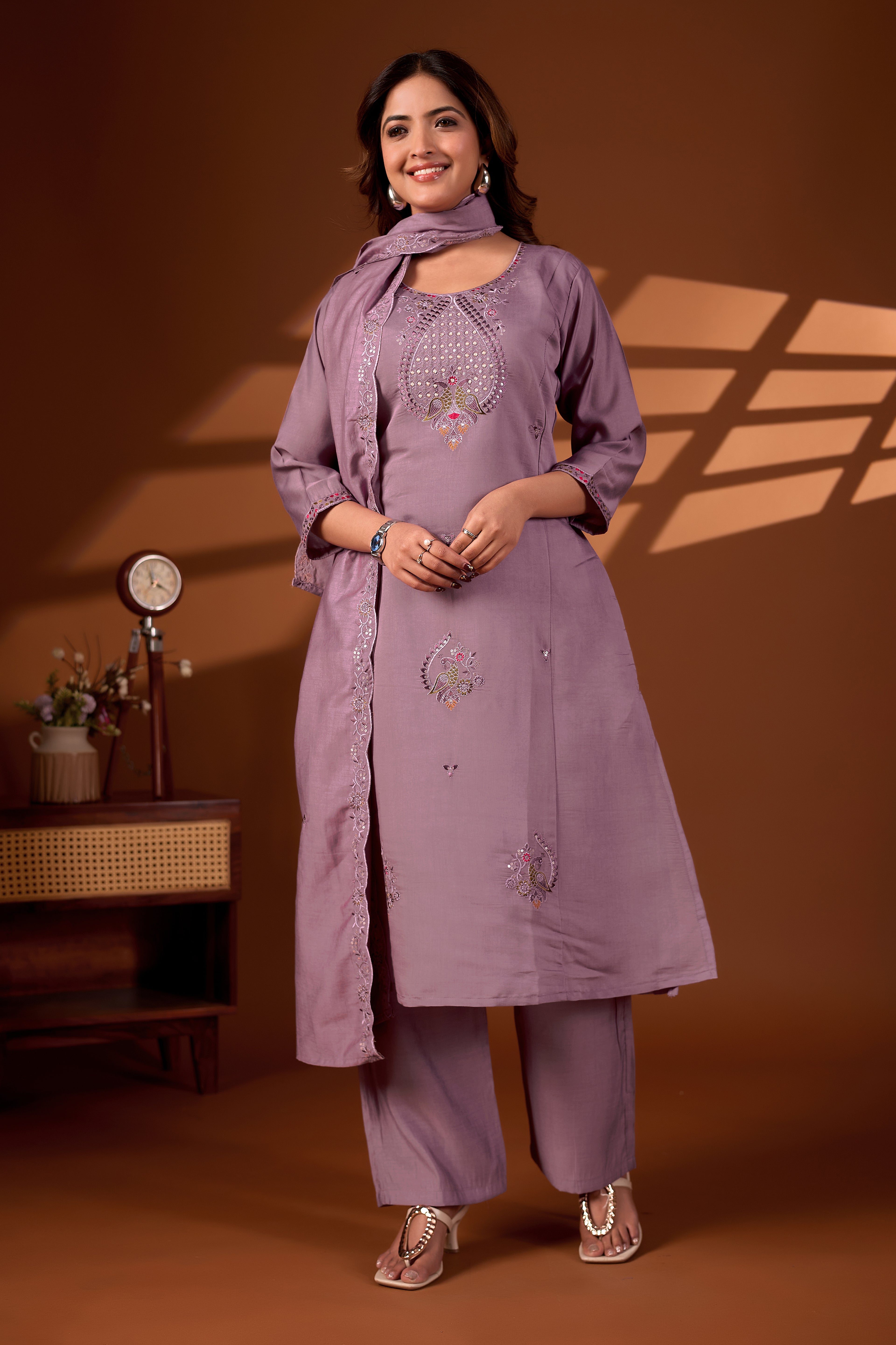 Premium Dusty Mauve Roman Silk Mayura Darpan Embroidered Kurta Set with Dupatta for Women | Festive & Office Wear