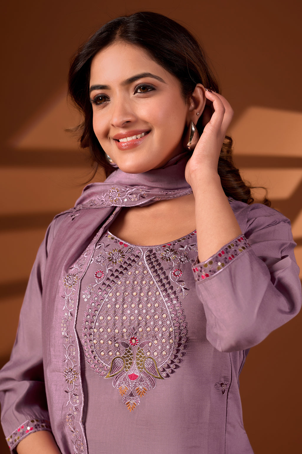 Premium Dusty Mauve Roman Silk Mayura Darpan Embroidered Kurta Set with Dupatta for Women | Festive & Office Wear