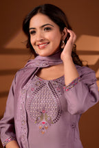 Premium Dusty Mauve Roman Silk Mayura Darpan Embroidered Kurta Set with Dupatta for Women | Festive & Office Wear