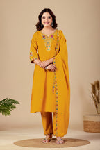 Elegant Mustard Yellow Silk Salwar Suit Set with Embroidered Neckline For Women