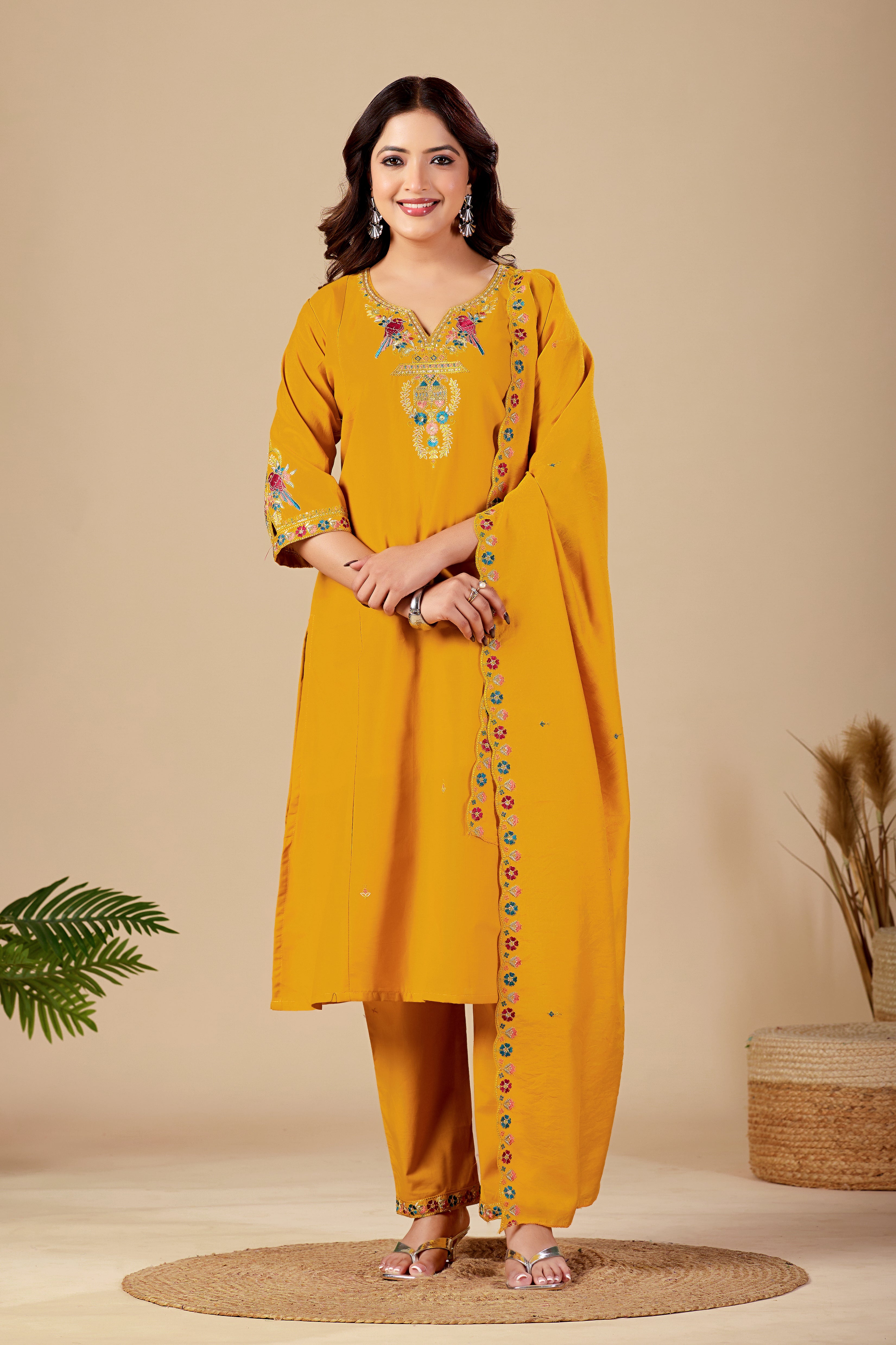 Elegant Mustard Yellow Silk Salwar Suit Set with Embroidered Neckline For Women