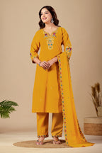 Elegant Mustard Yellow Silk Salwar Suit Set with Embroidered Neckline For Women