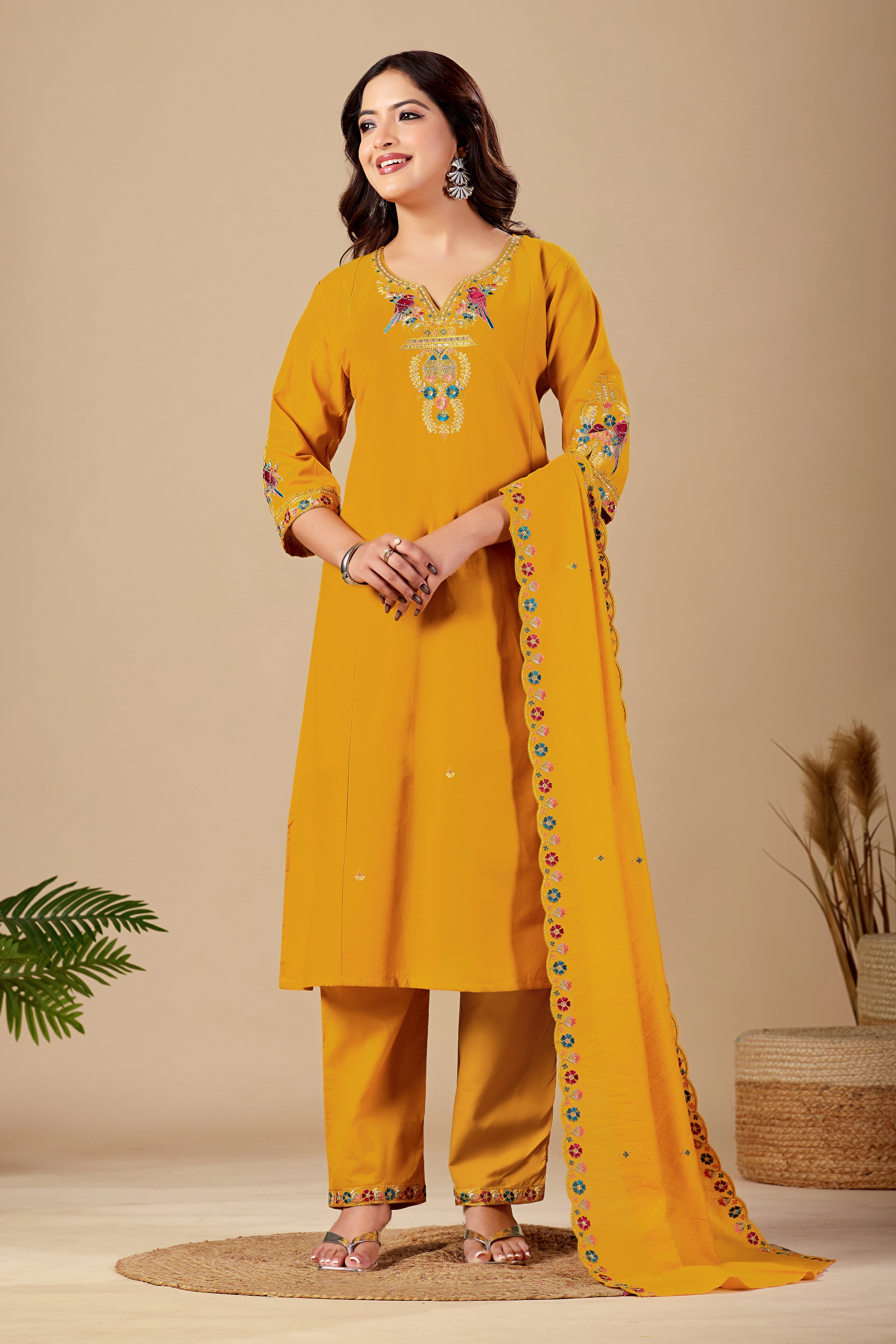 Elegant Mustard Yellow Silk Salwar Suit Set with Embroidered Neckline For Women