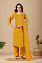 Elegant Mustard Yellow Silk Salwar Suit Set with Embroidered Neckline For Women