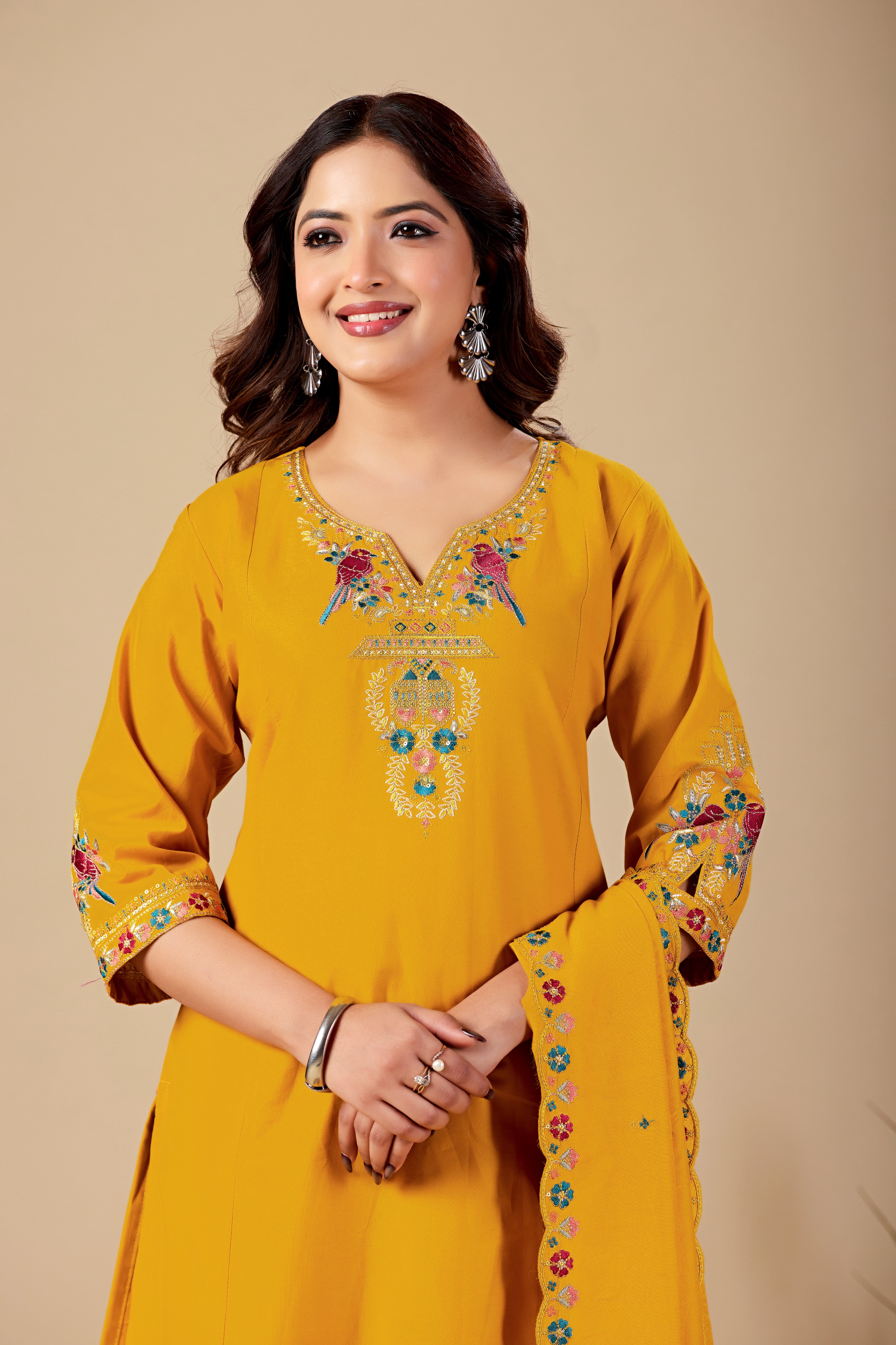 Elegant Mustard Yellow Silk Salwar Suit Set with Embroidered Neckline For Women