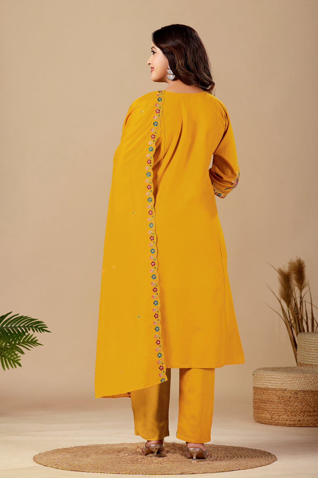Elegant Mustard Yellow Silk Salwar Suit Set with Embroidered Neckline For Women
