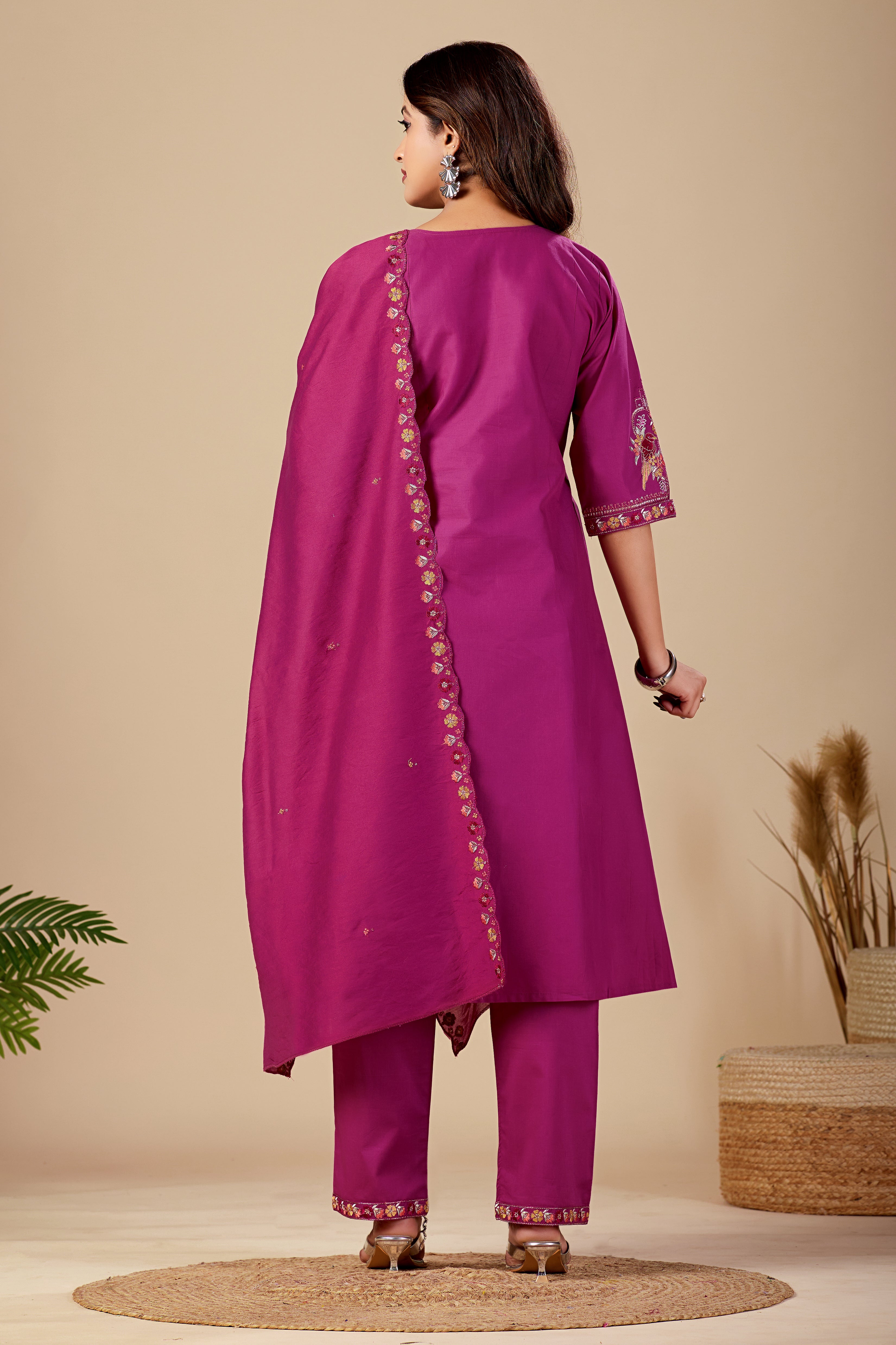 Elegant Magenta Silk Salwar Suit Set with Embroidered Neckline