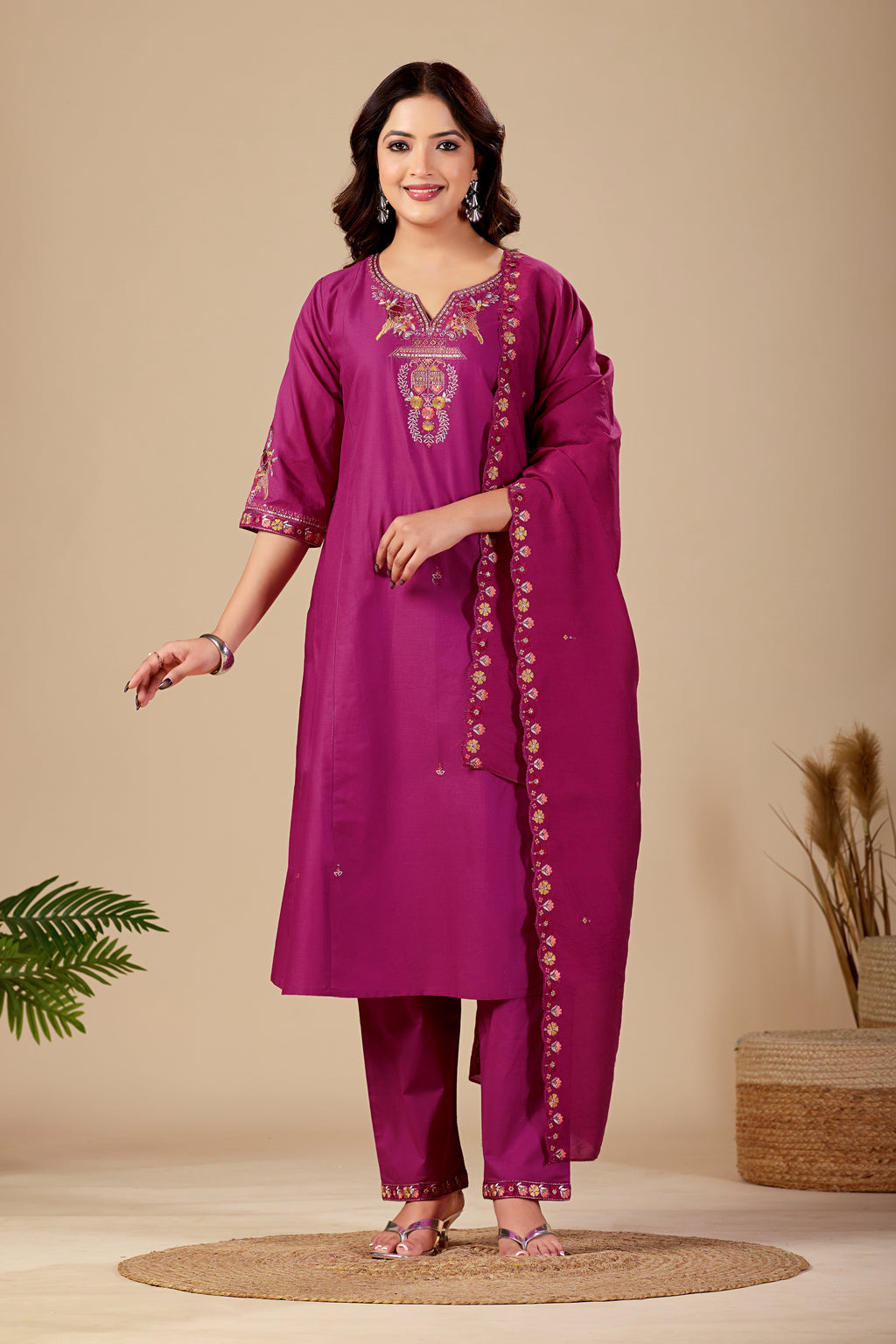Elegant Magenta Silk Salwar Suit Set with Embroidered Neckline