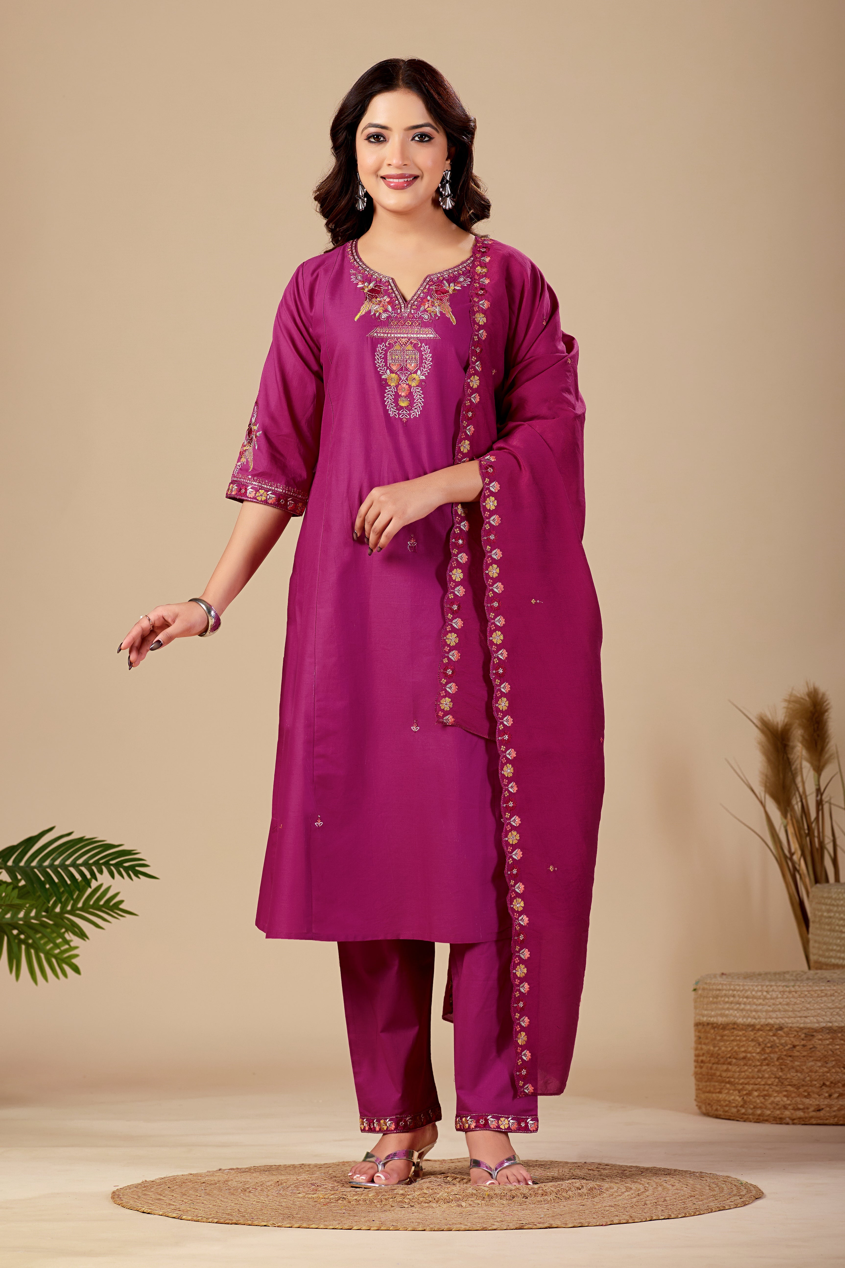 Elegant Magenta Silk Salwar Suit Set with Embroidered Neckline