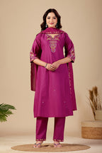 Elegant Magenta Silk Salwar Suit Set with Embroidered Neckline