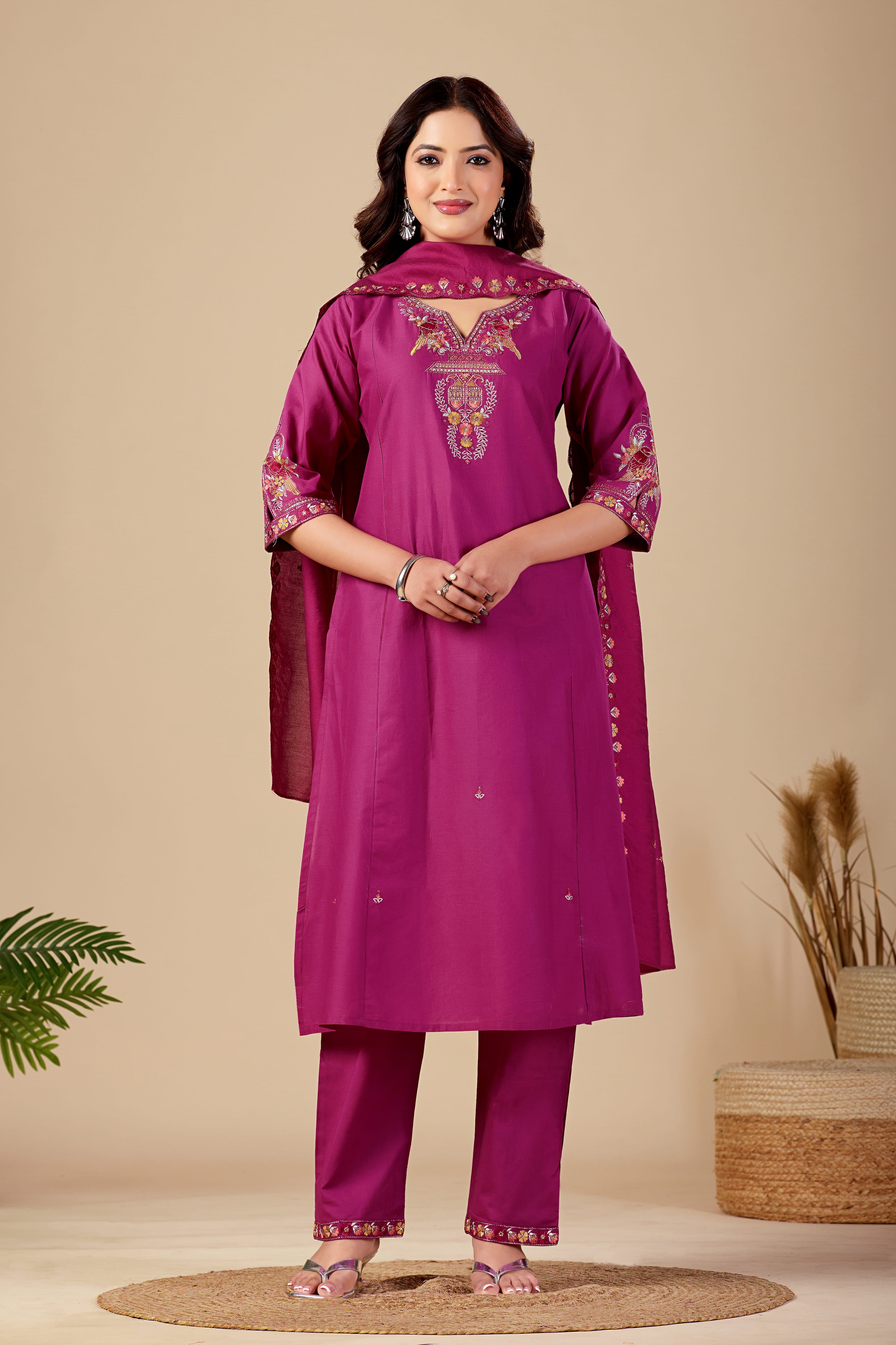 Elegant Magenta Silk Salwar Suit Set with Embroidered Neckline