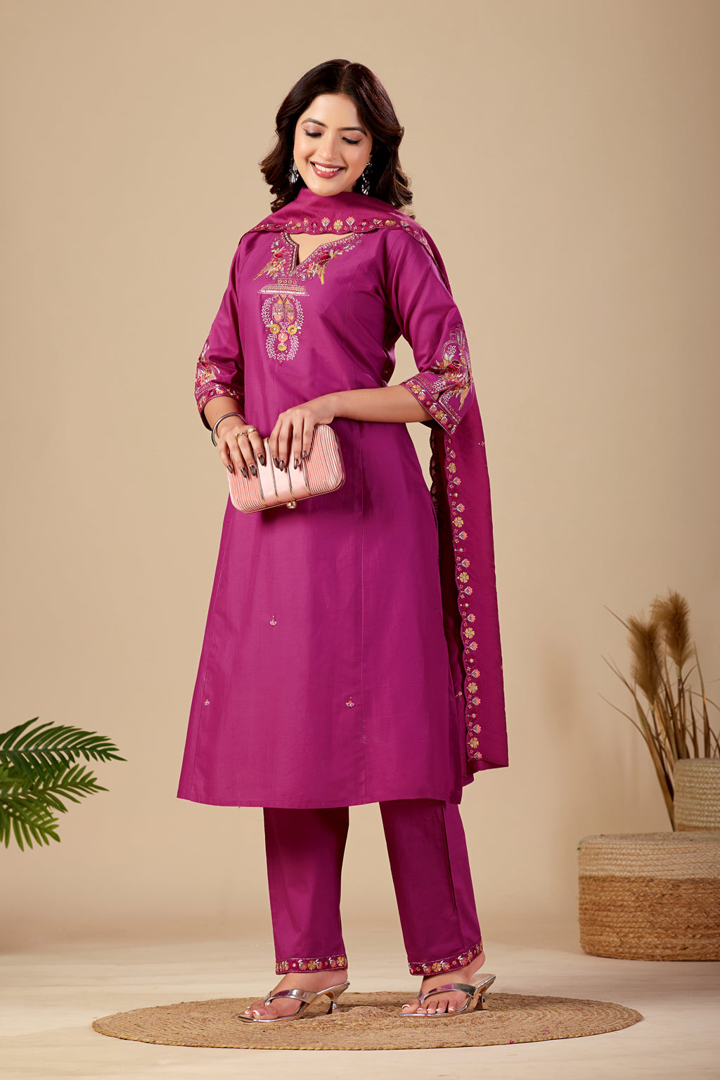 Elegant Magenta Silk Salwar Suit Set with Embroidered Neckline