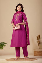 Elegant Magenta Silk Salwar Suit Set with Embroidered Neckline