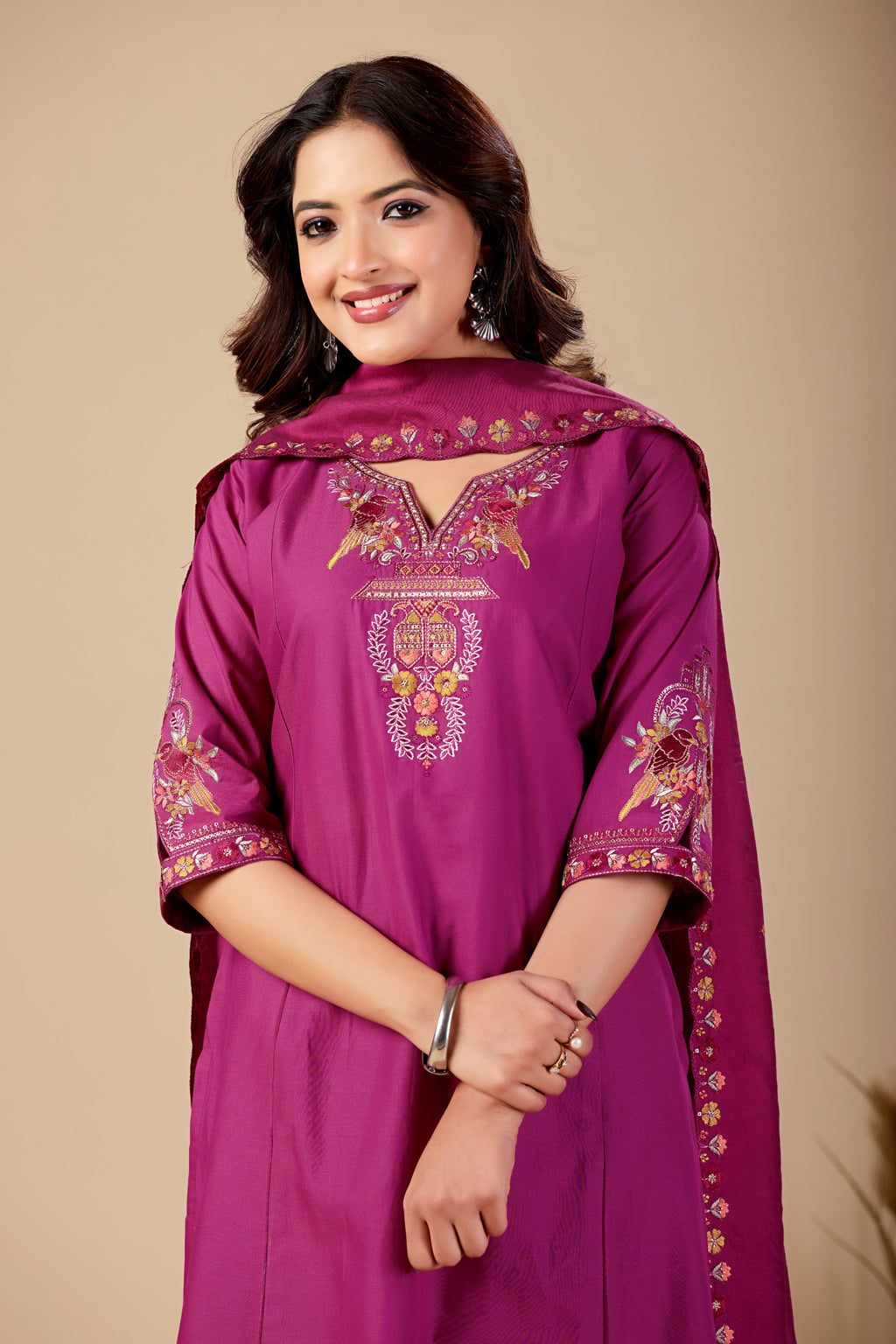 Elegant Magenta Silk Salwar Suit Set with Embroidered Neckline