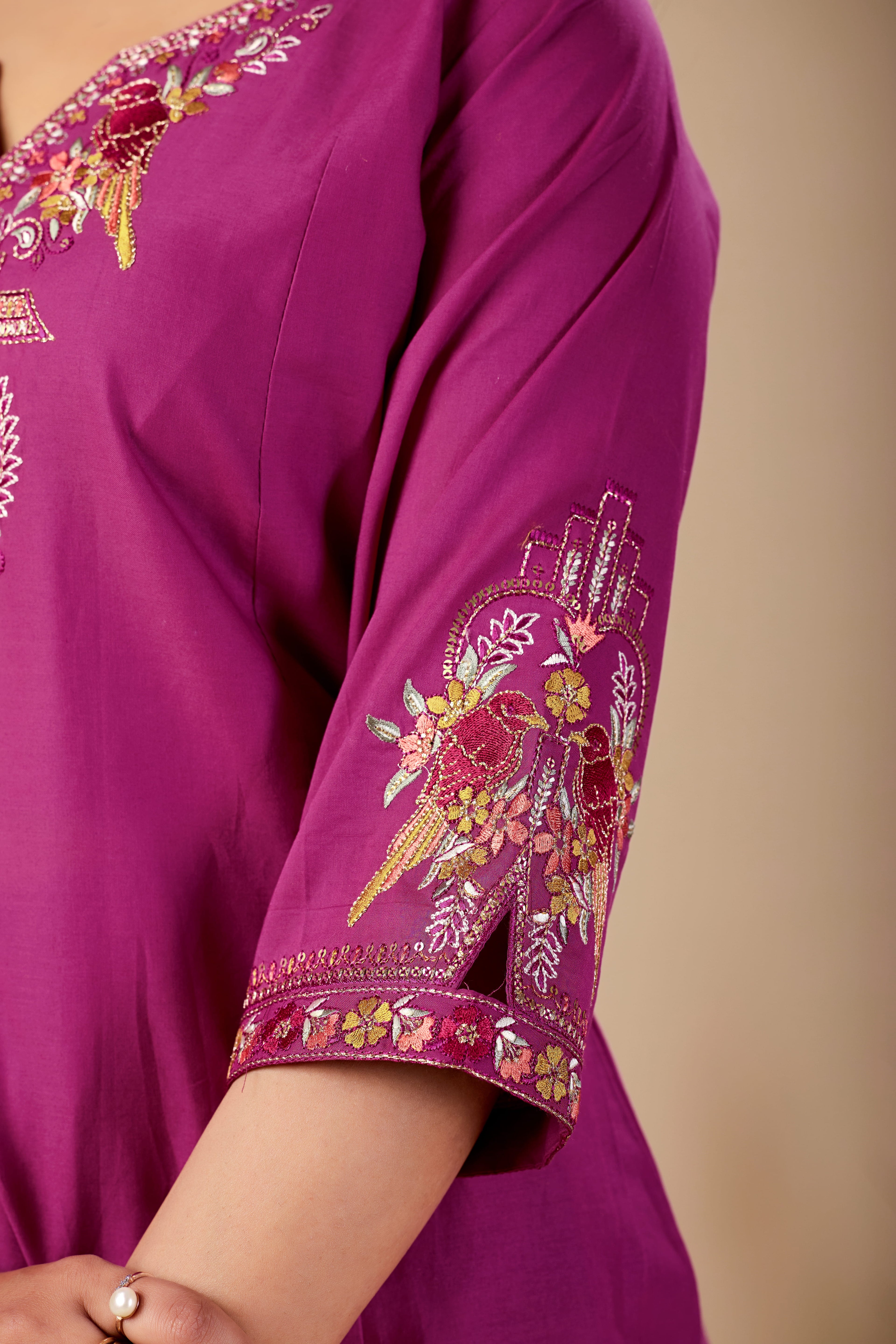 Elegant Magenta Silk Salwar Suit Set with Embroidered Neckline