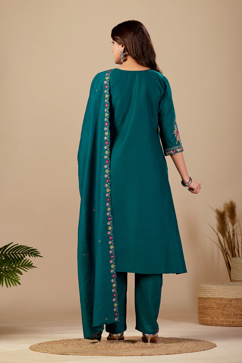 Elegant Rama Green Silk Salwar Suit Set with Embroidered Neckline Foe Women