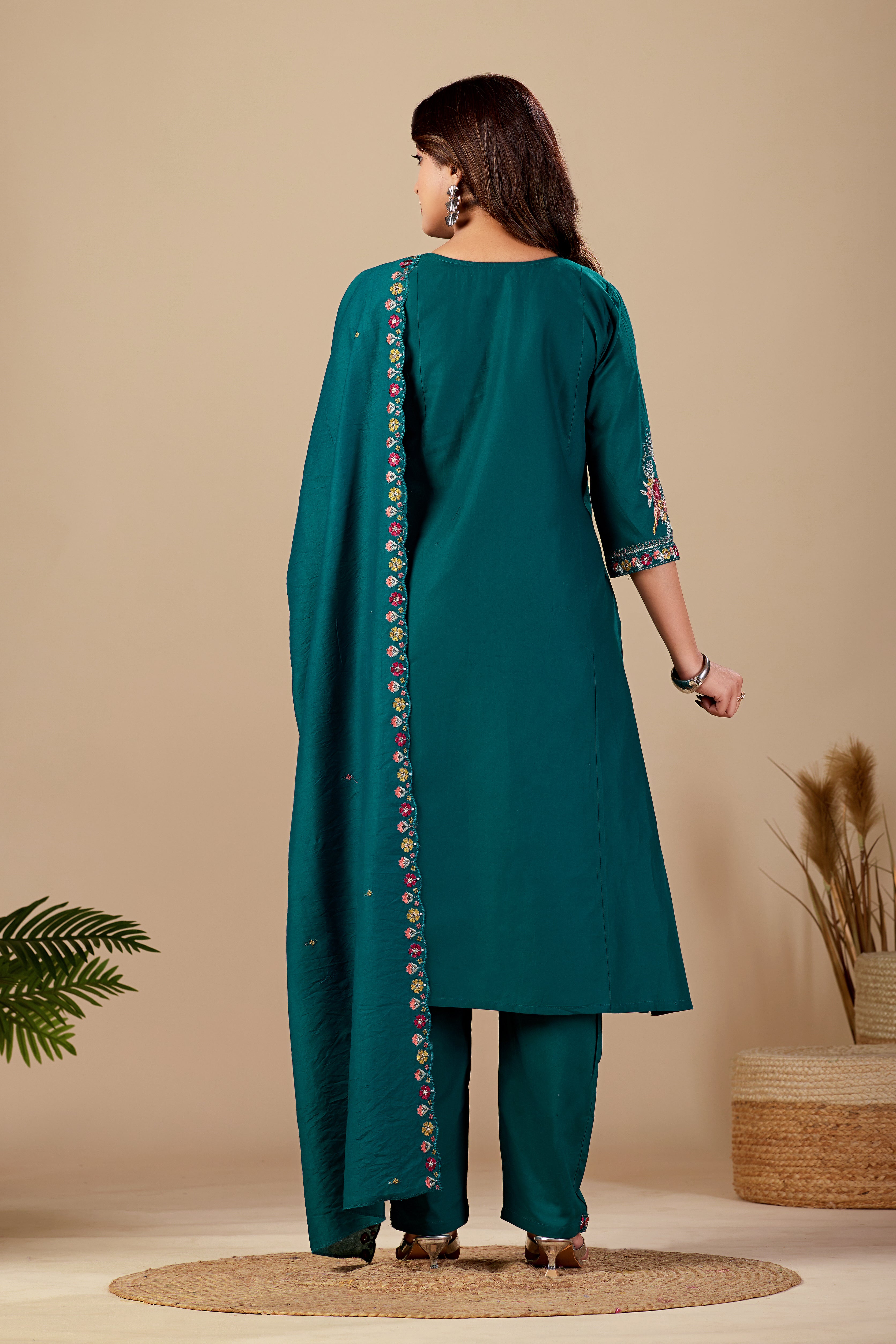 Elegant Rama Green Silk Salwar Suit Set with Embroidered Neckline Foe Women