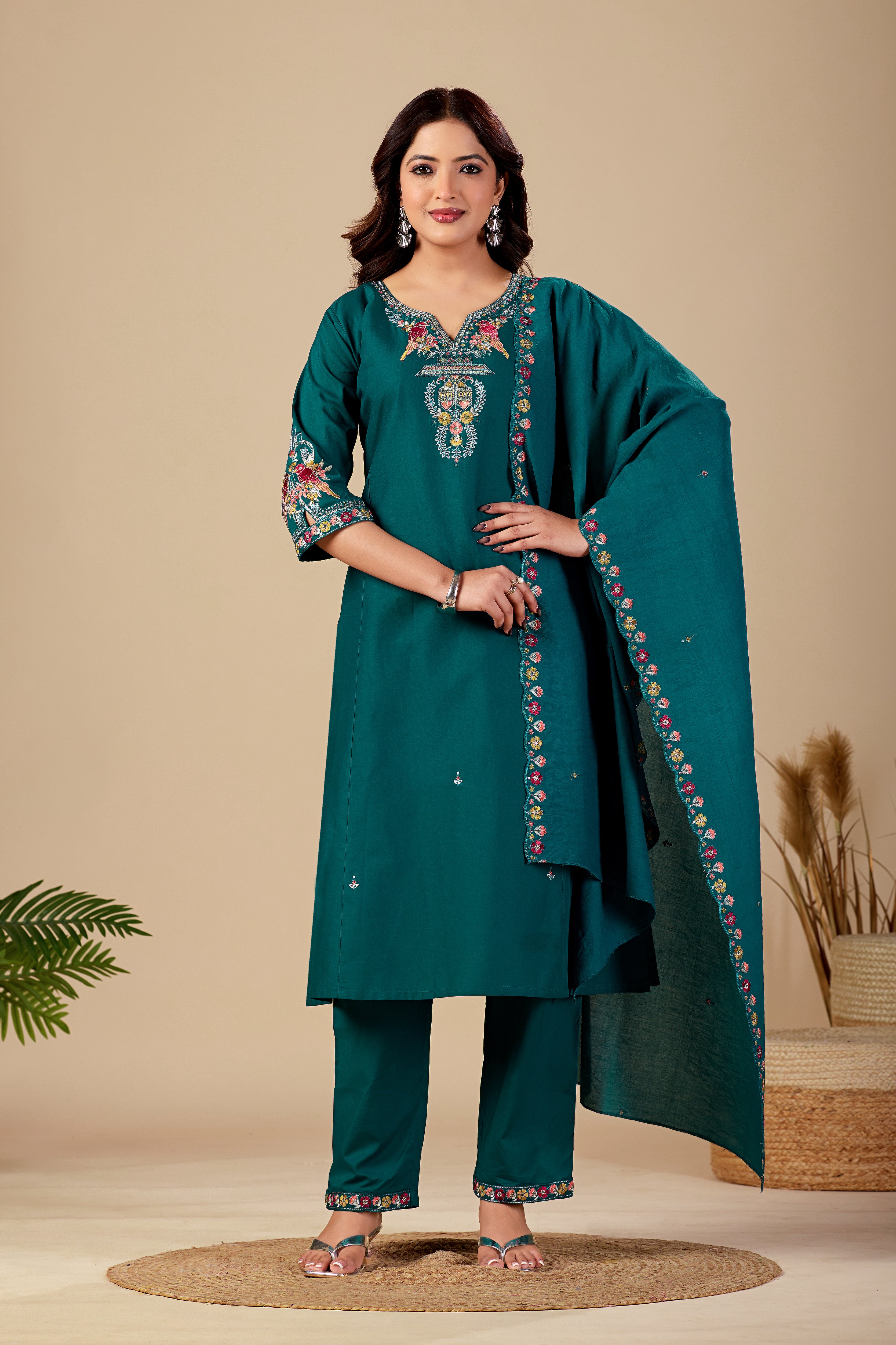Elegant Rama Green Silk Salwar Suit Set with Embroidered Neckline Foe Women