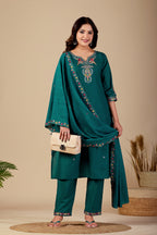 Elegant Rama Green Silk Salwar Suit Set with Embroidered Neckline Foe Women