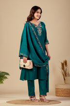 Elegant Rama Green Silk Salwar Suit Set with Embroidered Neckline Foe Women