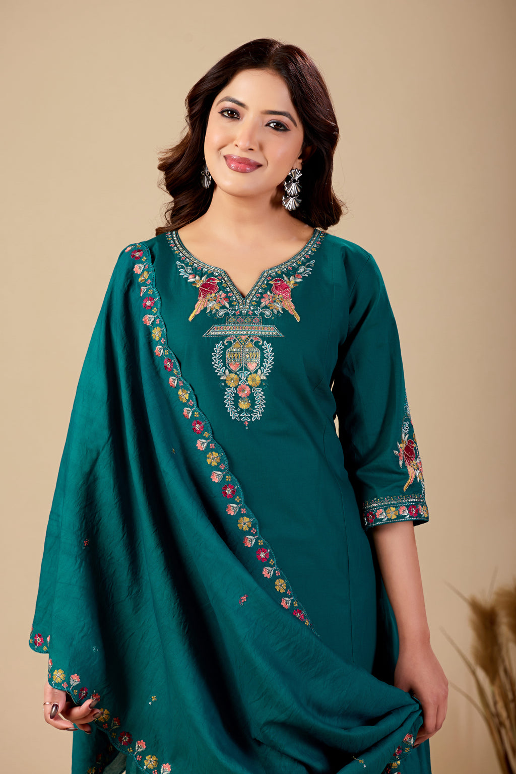 Elegant Rama Green Silk Salwar Suit Set with Embroidered Neckline Foe Women