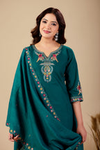 Elegant Rama Green Silk Salwar Suit Set with Embroidered Neckline Foe Women