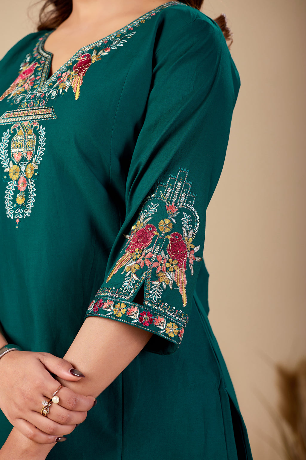Elegant Rama Green Silk Salwar Suit Set with Embroidered Neckline Foe Women